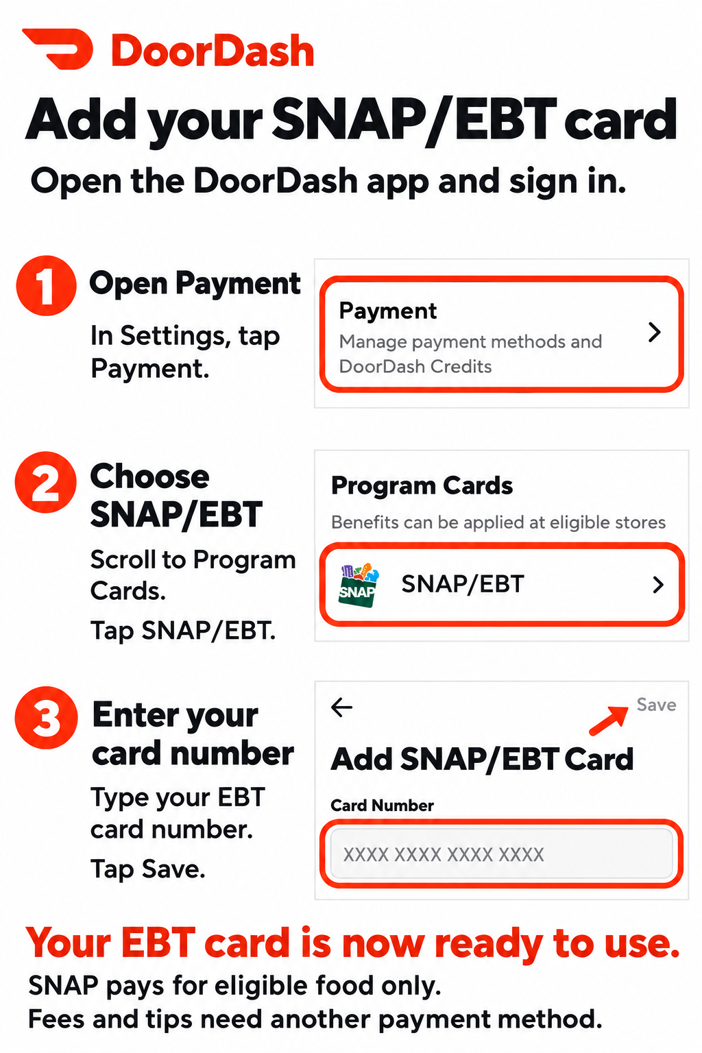DoorDash instructions for adding a SNAP EBT card